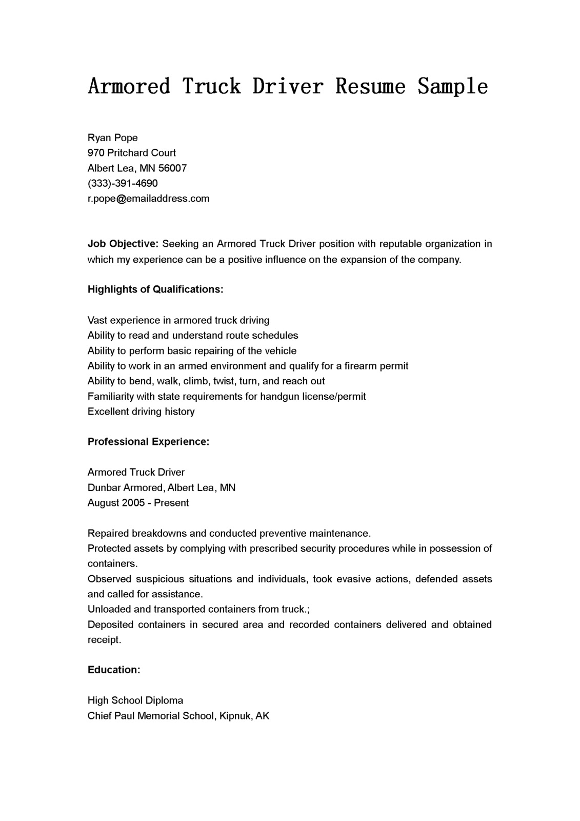 Delivery person resume sample